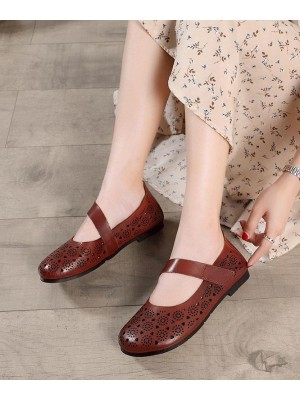 Hollow Out Brown Flat Feet Shoes Buckle Strap Flat Shoes