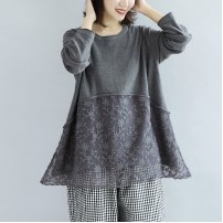 Sweet lace patchwork cotton knit sweaters gray pullover knit tops