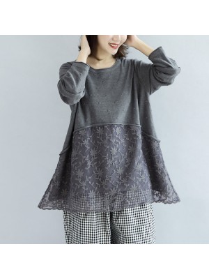 Sweet lace patchwork cotton knit sweaters gray pullover knit tops