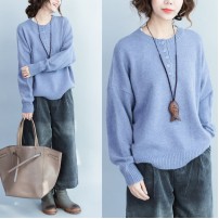 blue thick warm woolen knit pullover neck front button loose batwing sleeve sweater