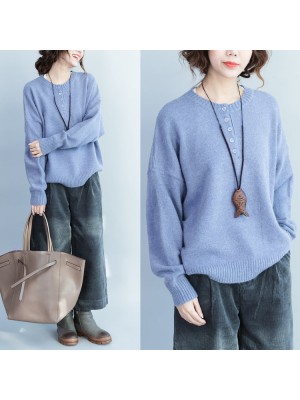 blue thick warm woolen knit pullover neck front button loose batwing sleeve sweater