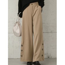 Women Pure Color Side Button Elastic Waist Casual Wide Leg Pants With Pocket