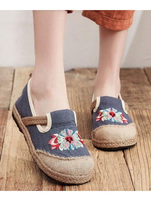 Grey Embroideried Flats Cotton Linen Fabric Boutique  Flat Feet Shoes