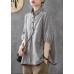 Dark Grey Peter Pan Collar Button Pockets Fall Plaid Half Sleeve Top