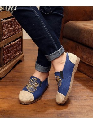 Women Navy Embroideried Splicing Flat Shoes Cotton Linen Fabric